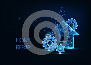 Futuristic home repair concept with glowing house icon and gears, cog wheels isolated on dark blue