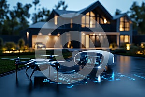 A futuristic home security system controlled by AI, with holographic displays showing real-time data analytics, as drones patrol