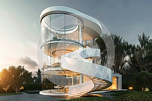 Futuristic home with a spiral staircase encased in a glass tower, highlighting avant-garde architectural innovation.