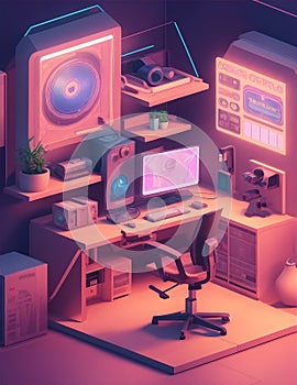 Futuristic home working area by pink lighting equipment at night generated by AI