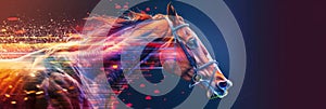 Futuristic horse race illustration with vibrant streaks, merging the digital and equine worlds