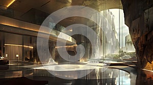 Futuristic Hotel Concept with Glass Room and Waterfall in Northern Chinas Terrain photo