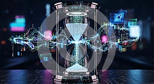 Futuristic Hourglass with Digital Data Flow and Binary Code - Time and Technology Concept