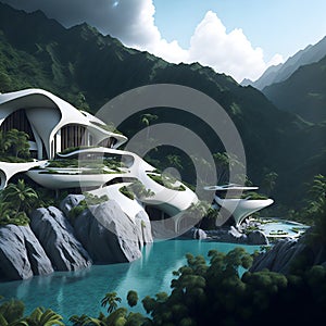 A futuristic house in the middle of a mountain created with Generative AI technology