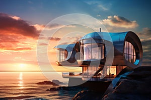 Futuristic House at an Ocean in Sunset