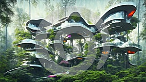 A futuristic house wonders fluidity of architecture of harmony and balance in a forest surreal.