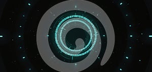 Futuristic HUD circle user interface on black background. Tech concept of target search, data scanning. Digital display with