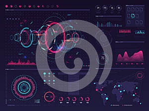 Futuristic hud digital touch screen display with visual data graphic, panels and chart vector infographic template