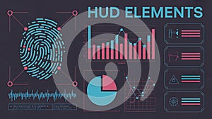 Futuristic HUD Elements with Biometric Fingerprint Scan & Data Visualization Interface