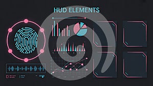 Futuristic HUD Interface: Biometric Fingerprint, Data Graphs & UI Elements