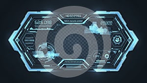 Futuristic HUD Interface Element with Hexagonal Frame and Digital Data Display
