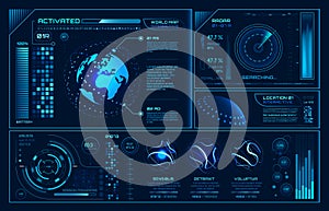 Futuristic hud interface. Future hologram ui infographic, interactive globe and cyber sky fi screen vector background illustration