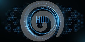 Futuristic HUD interface and glowing hexagonal pattern. System data. Modern UI display. High-tech panel. Glowing sci-fi elements.