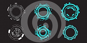 Futuristic HUD round circular elements for target screen and border aim control panel. Screen elements set of Sci Fi User