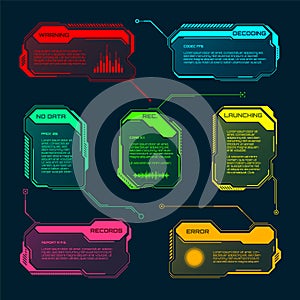 Futuristic HUD or UI elements. Sci-fi user interface text boxes, callouts. Colorful warning message frame, information