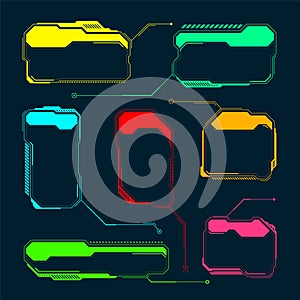 Futuristic HUD or UI elements. Sci-fi user interface text boxes, callouts. Colorful warning message frame, information