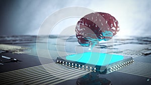 Futuristic human brain on computer chip. Neuro interface concept video 3d render