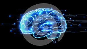 A futuristic human brain glowing with data lines, symbolizing advanced technology and artificial intelligence