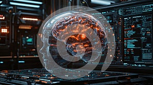 Futuristic Human Brain Visualization with Digital Data Elements and Neon Light Effects