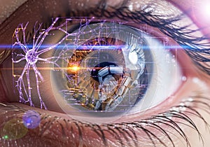 Futuristic human eye with digital interface and neural network overlay