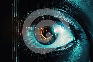 A futuristic human eye with a scan for identification. Cyber security identity verification. Generative AI