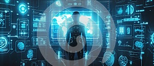 Futuristic Human Interface with Digital World Map and Data Visualization Panels