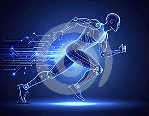 Futuristic human runner with glowing circuits symbolizing digital speed and enhanced performance