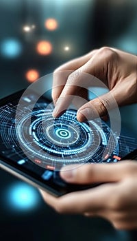 Futuristic Human Using Holographic Interface and Touchscreen Technology for Data Manipulation