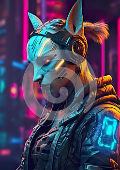 Futuristic humanoid and animal mix cyborg in a neon-lit cyberpunk city.