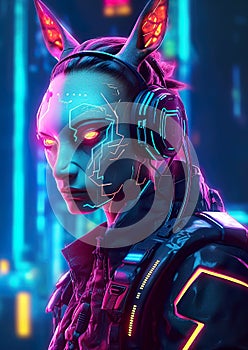 Futuristic humanoid and animal mix cyborg in a neon-lit cyberpunk city.