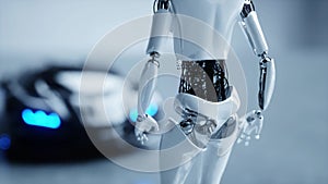 Futuristic humanoid female robot is walkihg to car. Concept of future. 3d rendering.