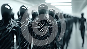 Futuristic humanoid figures with sleek, intertwined designs in a dimly lit corridor, AI photo