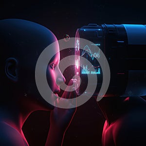 Futuristic Humanoid Interacting with Data Visualization Interface