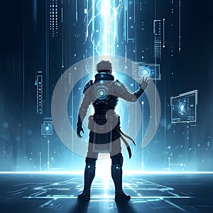 Futuristic Humanoid Interacting with Digital Interface and Data Stream