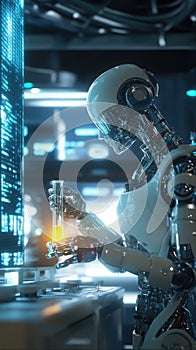 Futuristic humanoid robot analyzes glowing liquid in high-tech laboratory. Generative AI