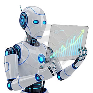 Futuristic Humanoid Robot Analyzing Data on Transparent Digital Screen