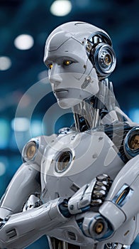 Futuristic Humanoid Robot with Artificial Intelligence Looks Ahead, Synthetic Anatomy and Advanced Technology photo
