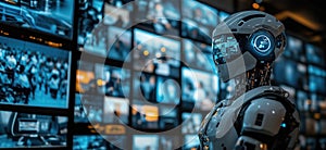 Futuristic humanoid robot in high-tech environment with multiple screens displaying data