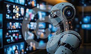 Futuristic humanoid robot in high-tech environment with multiple screens displaying data