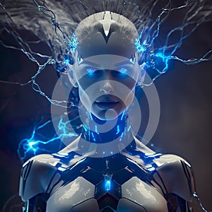 futuristic humanoid robot with human woman face covered in white porcelan skin red blue eyes and volumetric lightning