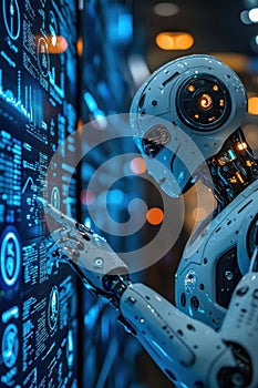 Futuristic humanoid robot interacting with advanced digital display interface