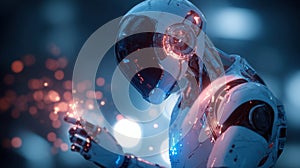 futuristic humanoid robot interacting with holographic data