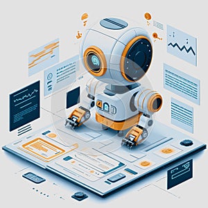 Futuristic humanoid robot with interactive interface displaying digital data and analytics for technology and innovation