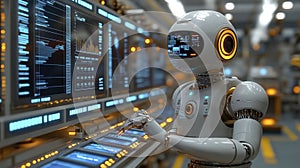 Futuristic humanoid robot managing digital interface