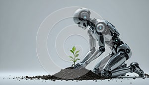Futuristic Humanoid Robot Planting Tree in Sustainable Eco-Initiative photo