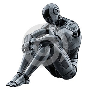Futuristic humanoid robot sitting in a contemplative pose on a white background android