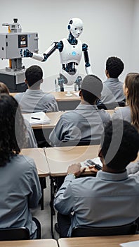 A futuristic humanoid robot teacher instructing students in a modern classroom