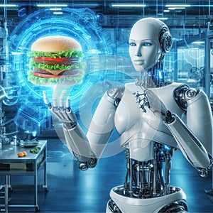 futuristic humanoid robot thinking a hamburger