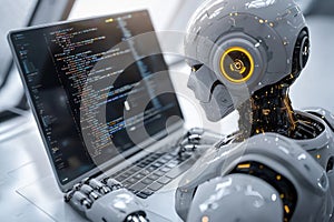 Futuristic humanoid robot using a laptop for programming and coding