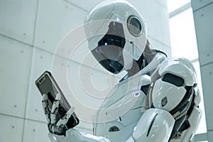 Futuristic humanoid robot using smartphone holding it in hands